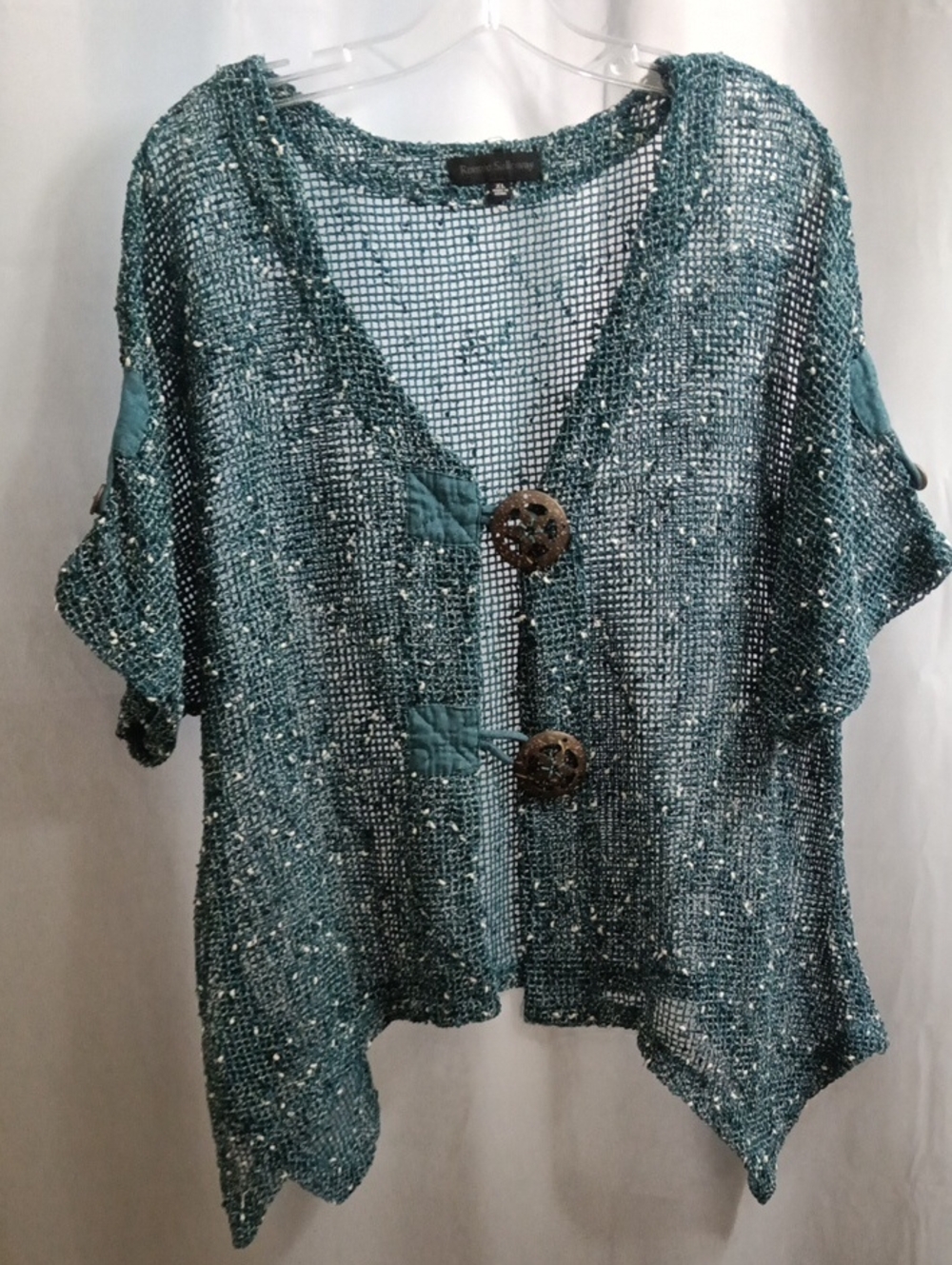 Ronnie Salloway Open-Knit Teal Short-Sleeve Button Cardigan - Women’s Top